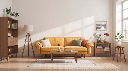 Sunny living room with mustard yellow couch and wooden accents.
