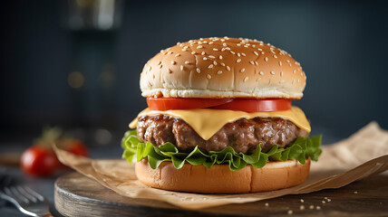 A juicy cheeseburger, topped with lettuce, tomato, and cheese.
