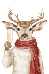 Festive watercolor reindeer with champagne in red scarf. Christmas celebration concept.