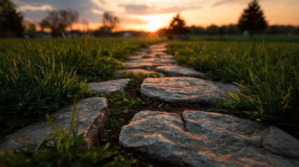 Naklejka premium A stone path leads into a sunset across green grass
