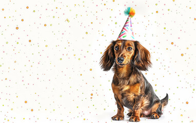 Watercolor dachshund in party hat with confetti background. Celebration concept.