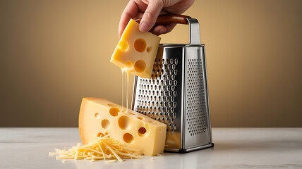 Hand grating cheese, holes in the cheese, and grated cheese.
