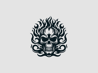 A fiery black and white skull with flames for hair and glowing eyes on a clean white background for halloween