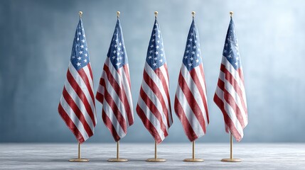 Five American Flags Standing in a Row Against a Gray Backdrop