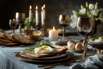 Elegant Passover Seder table set for the festive Pesach meal with traditional foods and candlelight ambiance