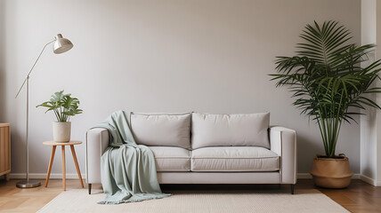 Light gray sofa, mint throw, and a plant in a living room.
