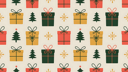 Christmas gift boxes and trees, festive pattern.
