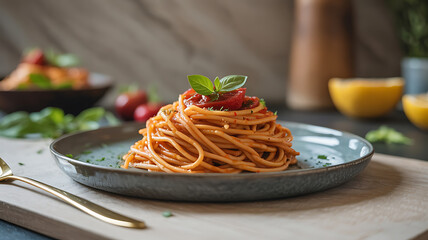 A plate of spaghetti with tomato sauce and basil.

