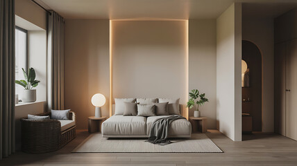 Beige bedroom with minimalist decor. Soft lighting, comfortable bed.
