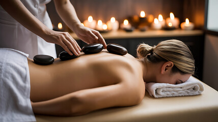 Obraz premium Woman receiving hot stone massage. 