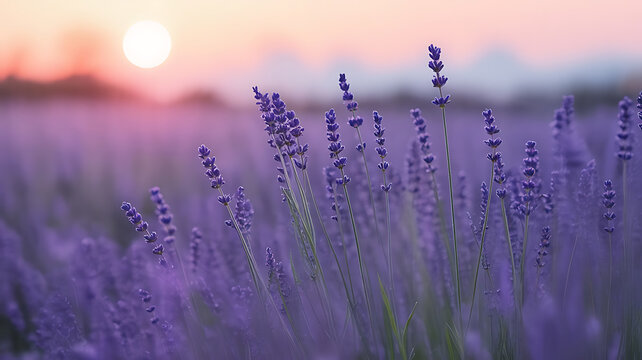 Lavender field at sunset, tranquil beauty.
