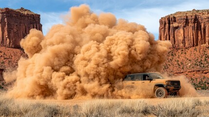 Off Road Vehicle in Desert, Dust Cloud, Red Rock Landscape