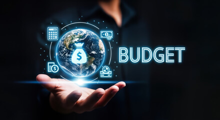 Global budget planning concept with financial icons and earth hologram over a hand, representing worldwide economic strategy and investment opportunities