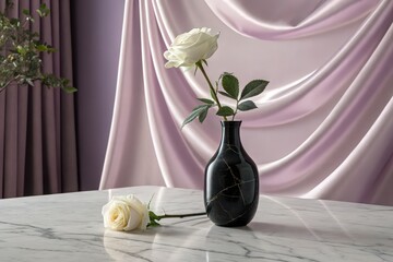 Elegance in Bloom: A pristine white rose, delicately positioned in a sleek, black vase, rests gracefully upon a marble surface, complemented by a soft, draping fabric backdrop.
