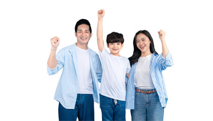 Obraz premium Asian happy family raising their hands, full of energy and excitement on png background