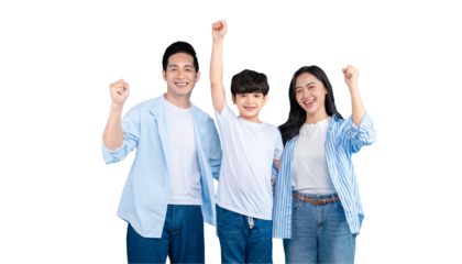 Asian happy family raising their hands, full of energy and excitement on png background