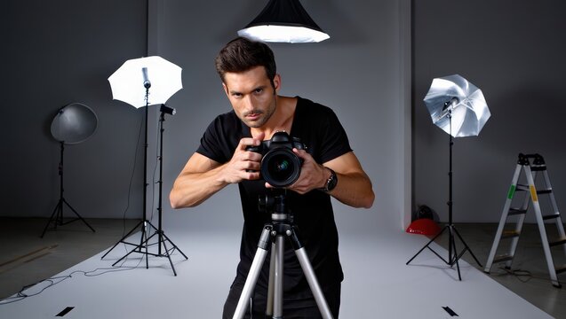 Photography Studio: A focused photographer with a DSLR camera framed by studio lights and equipment.