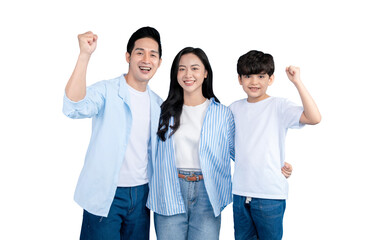 Fototapeta premium A Asian family of three is happily embracing each other. The family is standing together, smiling, and celebrating, on png background