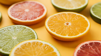 Assorted citrus slices on a yellow background.
