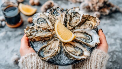 Fresh oysters on ice, presented on a plate, with lemon slice