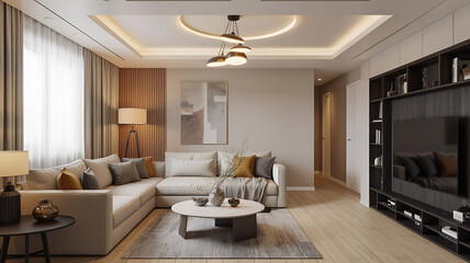 Modern living room with beige tones, comfortable furniture, and warm lighting.
