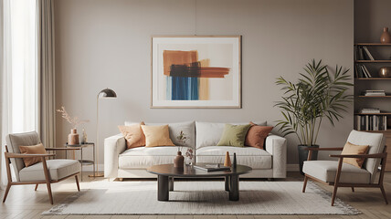 Fototapeta premium Beige living room with abstract art and comfortable furniture. 