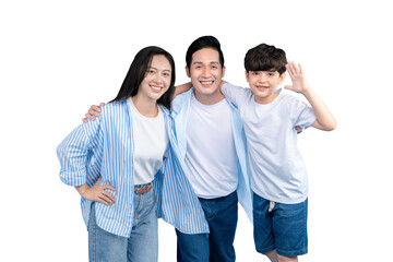 Fototapeta premium A Asian family embracing each other, smiling with happiness on png background