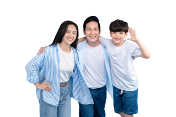 A Asian family embracing each other, smiling with happiness on png background