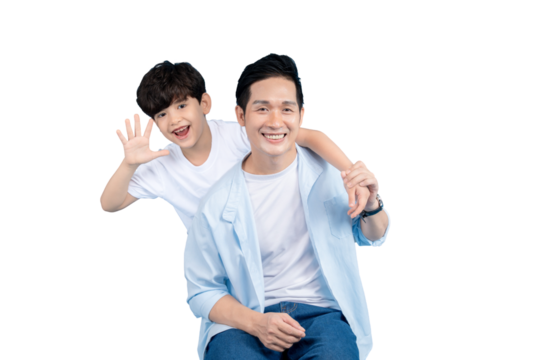 A portrait of father and son happy, with a playful gesture. They are happy and the boy makes a wave on png background