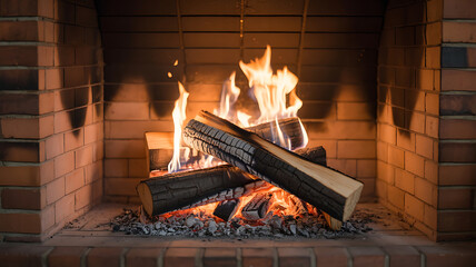 Burning logs in a brick fireplace. Warm flames.
