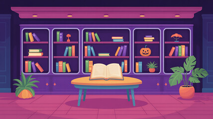 Dark library interior, bookshelves, open book on table.
