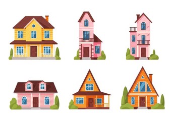 Fototapeta premium Flat illustration of a collection of diverse house styles and colors, showcasing various residential architectural designs
