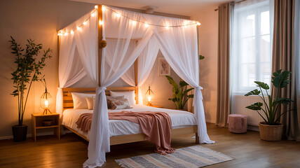 Cozy bedroom with canopy bed, warm lighting, and plants.
