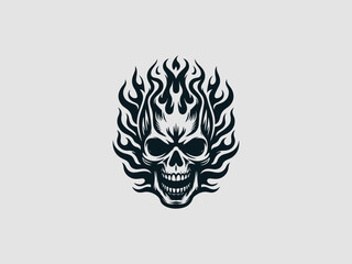 Obraz premium A fiery black and white skull with flames for hair and glowing eyes on a clean white background for halloween