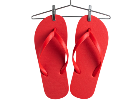 “Stylish red Flip Flops Hanging from a Hook, Minimalist Concept, PNG”.