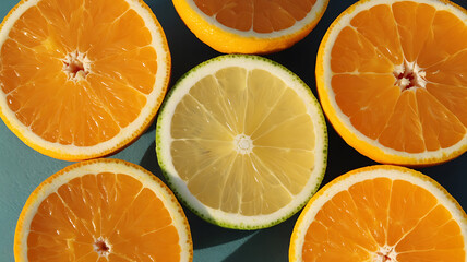 Citrus slices, oranges and a lime, arranged in a pattern.
