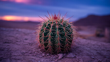 A spiky cactus stands on a purple-toned desert.
