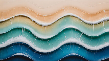 Aerial view of layered waves of sand and turquoise water.
