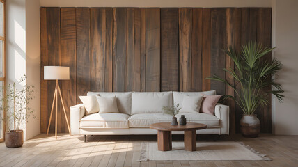 Modern living room with wooden wall and white sofa.
