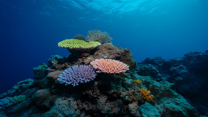 Colorful coral formations in a vibrant underwater scene.
