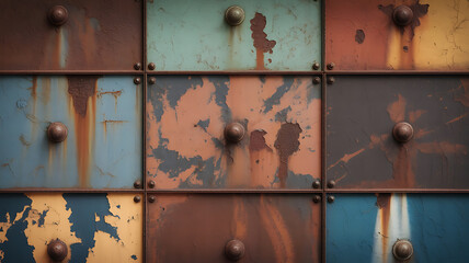 Rusty metal panels, multicolored, in a grid pattern.
