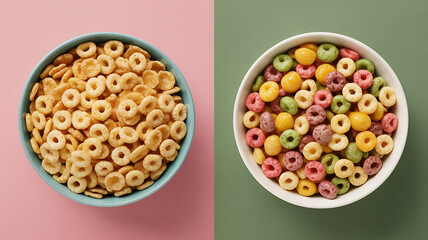 Two bowls of cereal, one plain, one colorful.
