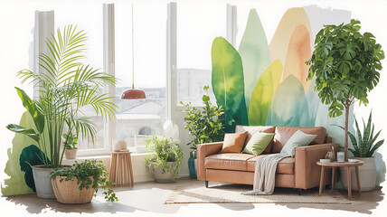 A sunlit room filled with plants and a cozy couch. Peaceful and vibrant.

