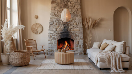 Cozy living room with warm tones, stone fireplace, and natural elements.
