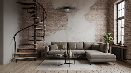 Modern loft living room with spiral staircase and sectional sofa.
