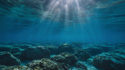 Sunlight streams through underwater rocks, illuminating a deep blue sea.
