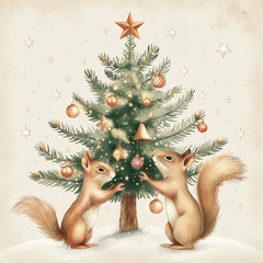 Two squirrels decorating Christmas tree with ornaments. Holiday celebration concept.