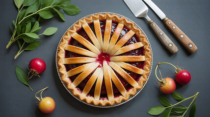A cherry pie, radiating slices, surrounded by fresh berries.
