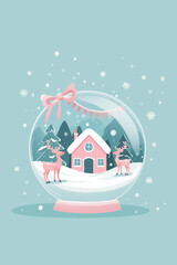 Snow globe with reindeer and winter house inside. Christmas decoration concept.