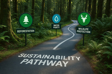 Sustainability pathway road in dense forest with signs for reforestation, water purity, and wildlife protection promoting environmental conservation and green initiatives